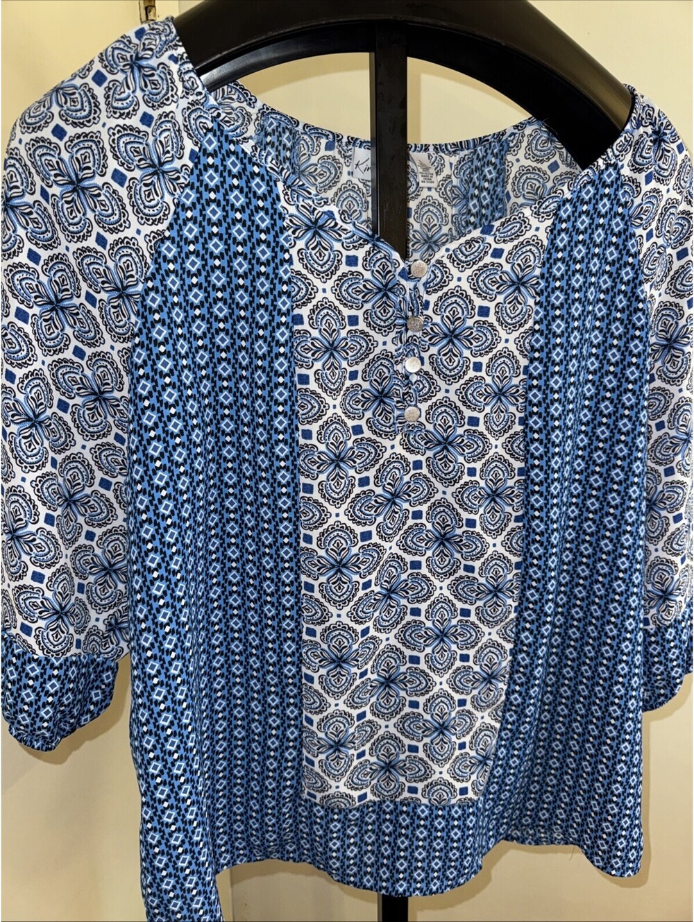 Kim Rogers Top Womens Large Blue White Boho Geometric Print 3/4 Sleeve